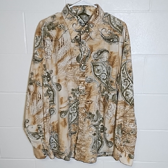 Western Snap Down Cowboy Rodeo Shirt Wood Snaps Natural Cotton Paisley Print - Picture 1 of 13